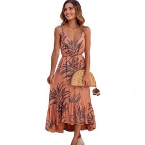 L'ATISTE Mermaid Tails Coral Brown Leaf Pattern Midi Dress